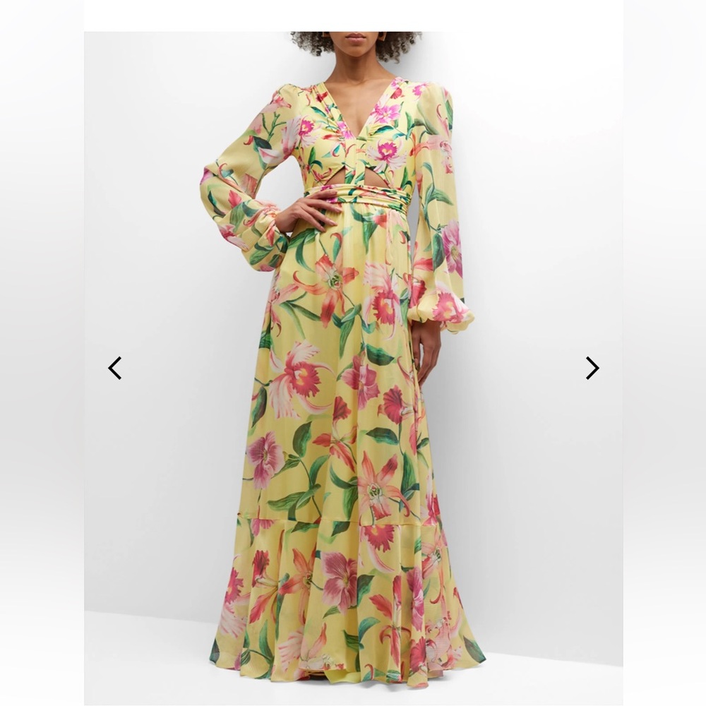 Patbo Women Yellow Canary Floral Print Chiffon Cut Out Polyester Maxi Dress New